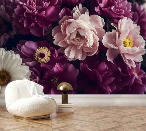 Dark Peony Floral Peel and Stick Wallpaper Purple Flowers Mural
