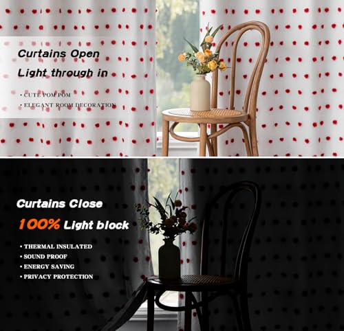 Blackout Curtains for Girls Bedroom with Red Pom Pom Sheer 90 Inch Long Total Light Blocking Curtains for Living Room 2 Panels 100% Room Darkening Grommet Double Layer Drapes 50" x 90"
