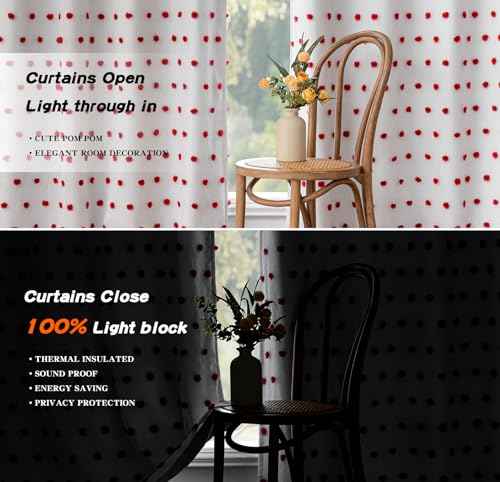 Red Christmas Blackout Curtains for Living Room 84 Inches Long Total Light Blocking Curtains for Bedroom 2 Panels Grommet 100% Thermal Insulated Window Drapes with Red Pom Sheer 50W x 84L