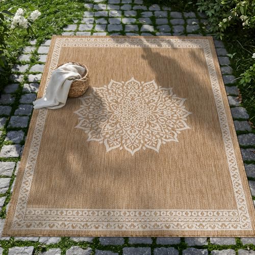 Outdoor Rug 6x9 Medallion Natural Modern Area Rugs for Indoor and Outdoor Patios Kitchen and Hallway Mats Washable Porch Deck Outside Carpet (60 Sq Ft)
