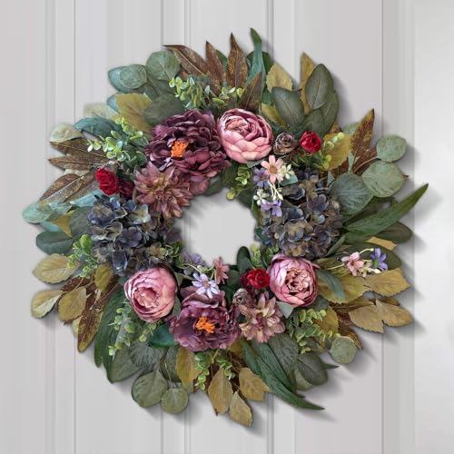 24in Spring Front Door Wreath Pink Peony Blue Hydrangea Decor
