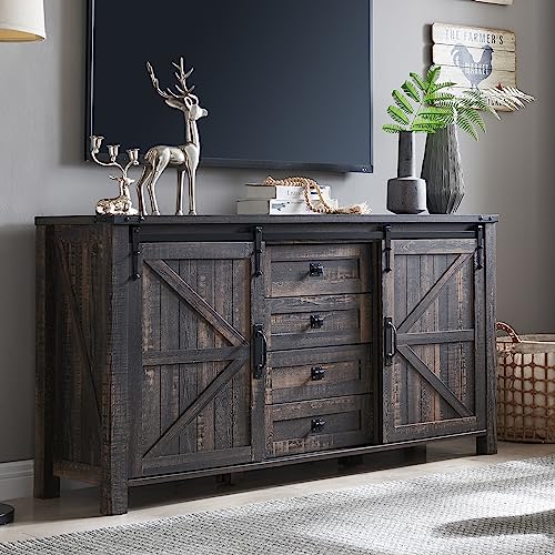 60 Inch Farmhouse Dresser with 4 Drawers and Sliding Barn Doors