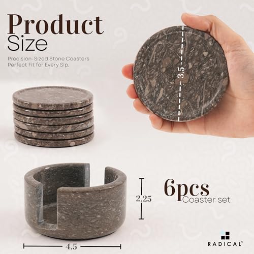 Round Marble Coasters Set of 6 with Holder Oceanic Stone 3.5 Inch (6 Count)