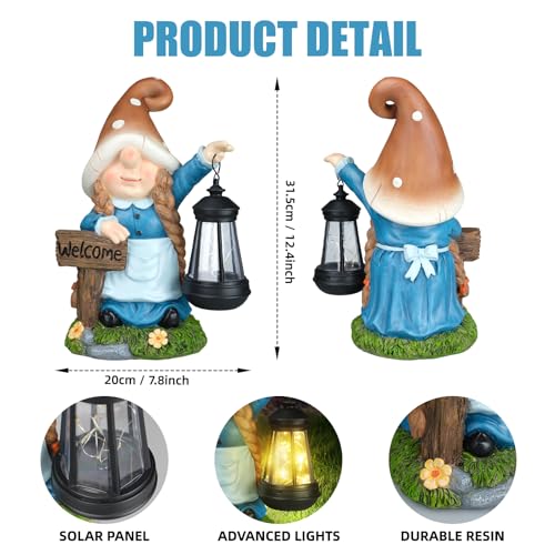 12.4” Solar Gnome Garden Statue with LED Lantern Welcome Sign Blue