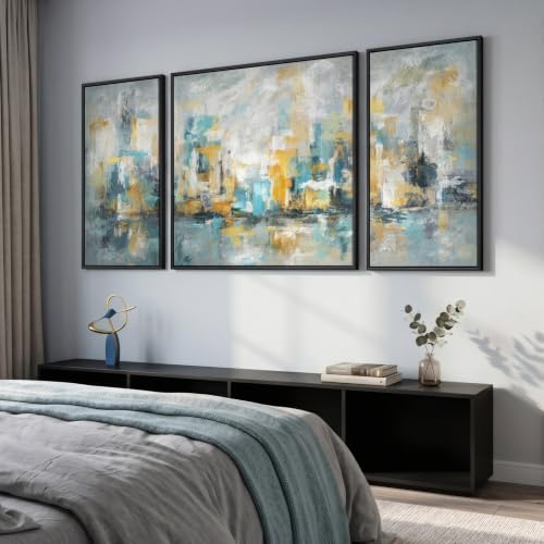 Extra Large Framed Blue Yellow Abstract Wall Art for Living Room (3 Count)