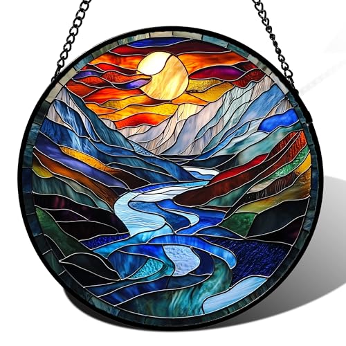 Stained Glass Window Hanging River Scenery Suncatcher Gifts for Women 9.8"