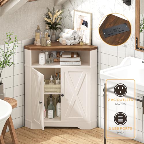Small Corner Storage Cabinet with USB Ports and Outlets