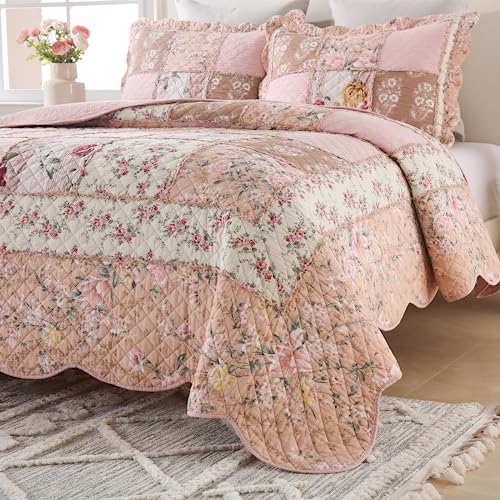 Quilts King Size Patchwork Pink Floral Quilt Set Vintage Shabby Chic Botanical Floral Quilted Bedspread 3