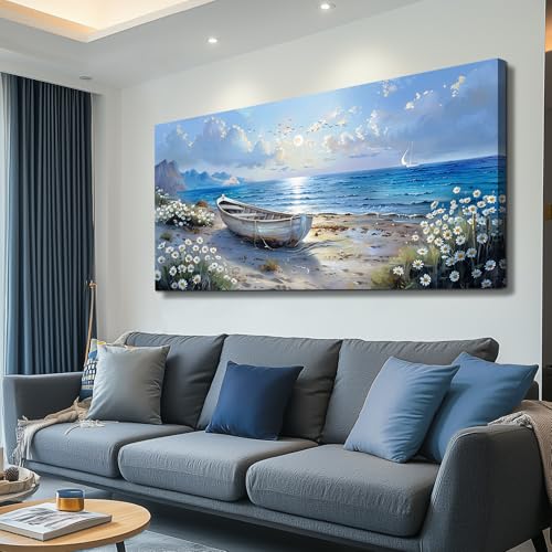 Large Canvas Wall Art For Living Room Wall Decor For Bedroom Office White Flower Seaside Landscape Printing Painting Restaurant Home Decorations Mural Poster Artwork Ready To Hang 30"X60"