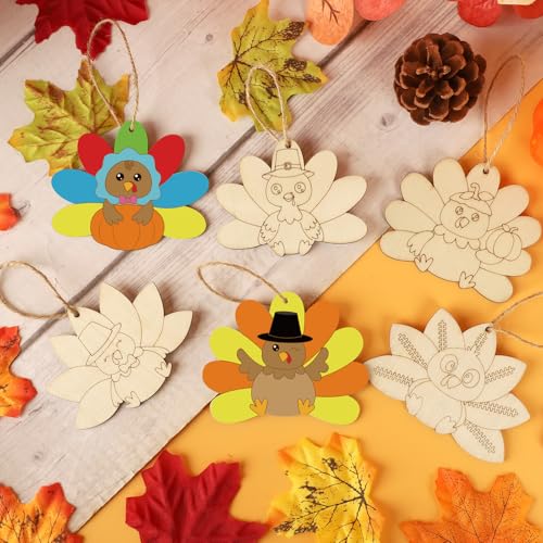 24 PCS Unfinished Wooden Thanksgiving Crafts Turkey Shaped Hanging Ornament (24 Count)