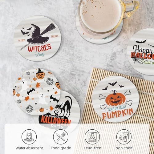 6 PCS Halloween Coasters with Metal Holder and Cork Base Ceramic Drink Coasters Absorbent Cup Mat Non