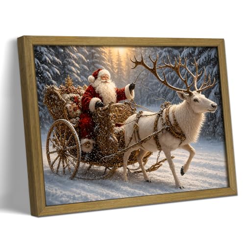 Wood Framed Vintage Santa Claus Sleigh Wall Art