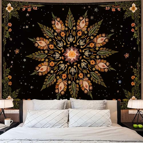 Boho Floral Mandala Tapestry for Bedroom Aesthetic Vintage Bohemian Flower Wall Tapestry Black Green Hippie Indian Extra Large Tapestries Wall Hanging for Living Room Dorm Decor 90 x 68 Inch