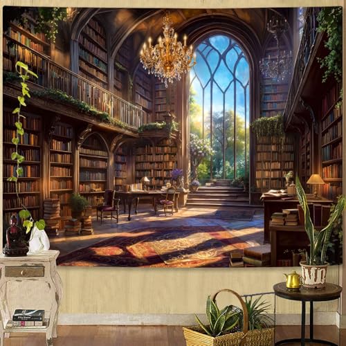 Vintage Library Tapestry Medieval Bookshelf Tapestries Wall Hanging Fantasy Academia Hall Book Backdrop Small Tapestry for Bedroom Living Room Dorm Classroom 60 x 44 inch