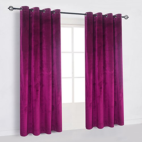 Super Soft Luxury Velvet Texture Curtains Fushcia Room Darkening Blackout Curtain Panel Drapes Drapery 52 inch Wide by 96 inch Length with Grommet Fushcia Set of 2