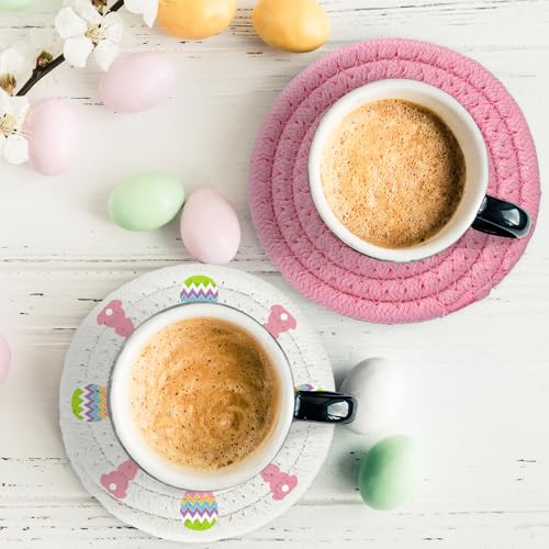 4Pcs Easter Coasters Bunny Rabbit Egg Handmade Braided Cotton Drink Coasters Pink White Absorbent Anti Slip Round Tabletop Protection for Home Office Spring Party Tableware Decor Gift (4 Count)