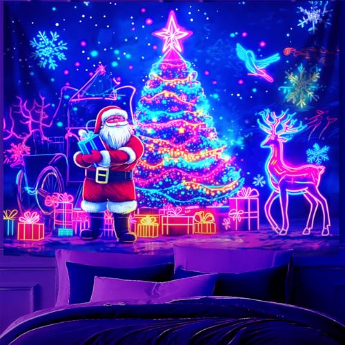 Merry Christmas Blacklight Tapestry Christmas Decorations Wall Hanging Xmas Tree Poster Glow in the Dark Tapestry for Bedroom Living Room Party Banners Decor