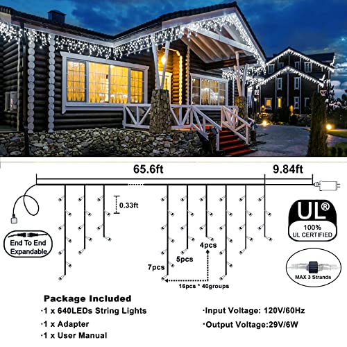 66FT 640 LED Icicle Lights for Outside 8 Modes 120 Drops