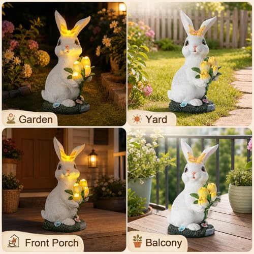 Solar Rabbit Statue Waterproof LED Flower Bouquet Garden Decor