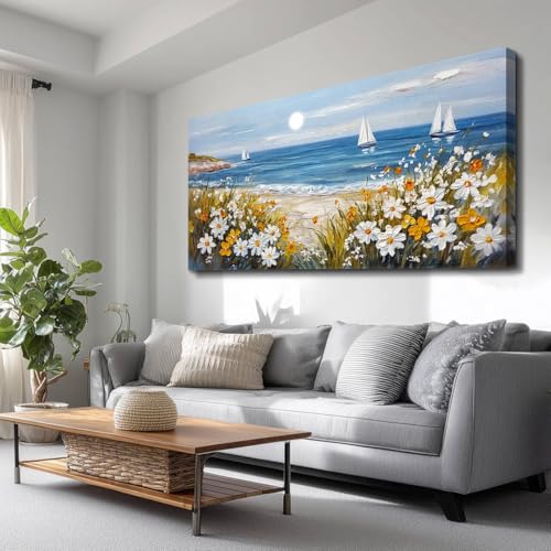 Large Vintage Landscape Painting Home Decor Blue Ocean Beach Painting Living Room Decorative Wall Art Modern Print Canvas White Flowers Farmhouse Office Bedroom Wall Decor 30 X 60 Inches