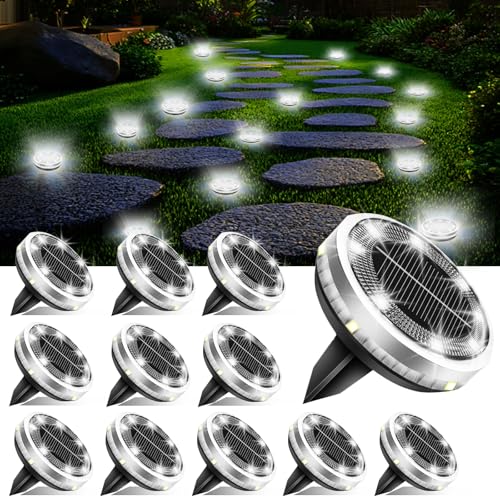 Solar Ground Lights Outdoor 12 Pack Waterproof Upgraded Flat Solar Garden Lights with 4 Side Light Stainless Steel Solar Powered Disc Light for Walkway Pathway Landscape Lawn Yard (12 Count)