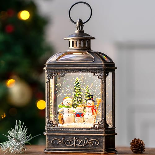Christmas Snow Globe Lantern Water Glittering Snowman Family with Music & Timer