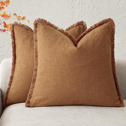 Decorative Linen Fringe Throw Pillow Covers 26×26 Inch (2 Count)