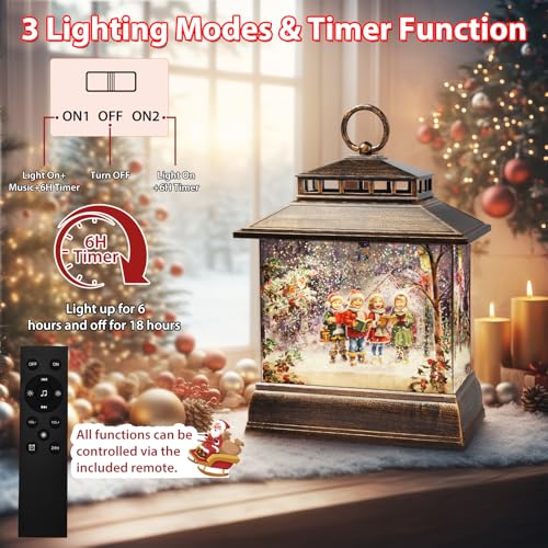 Christmas Snow Globe Lantern Water Glittering Lantern with 8 Songs & 6H Timer Romote Control Christmas Snow Globes USB & Battery Operated for Christmas Festival Decorations Gifts
