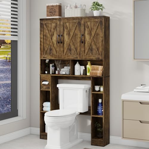 Over The Toilet Storage Cabinet with 3 Barn Doors.Dark Brown