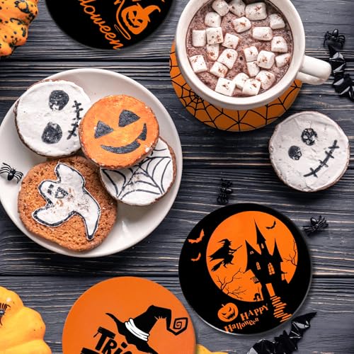 4Pcs Halloween Coasters Orange Black Round Ceramic Coaster Trick or Treat Heat (4 Count)