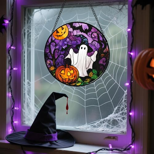 Stained Glass Window Hanging Halloween White Ghost Black Bat 15"