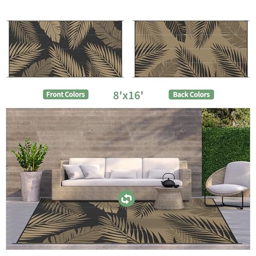 Outdoor Rug Waterproof Plastic Rugs 8'x16' for Camping Black Brown (128 Sq Ft)