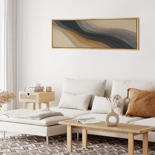 Large Framed Canvas Print Wall Art Abstract Wave Pattern Neutral Black and Brown Modern Geometric Illustrations Decorative Colorful for Bedroom