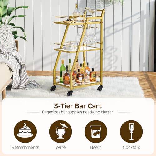 Bar Cart, 3-Tier Home Bar Serving Cart with Wheels, Drink Cart with Glass Holder, Beverage Cart, Rolling Kitchen Cart, for Home, Living Room, Transparent and Gold BC03GD