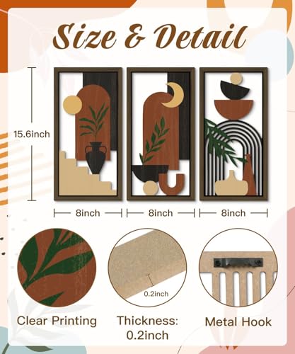 Boho Wall Art Set of 3 Modern Minimalist Wooden Wall Decor Abstract Terracotta Room Decorations Mid Century Artwork for Living Room Bedroom Office in Terracotta Noir 16.5 x 8.6 Inch (3 Count)