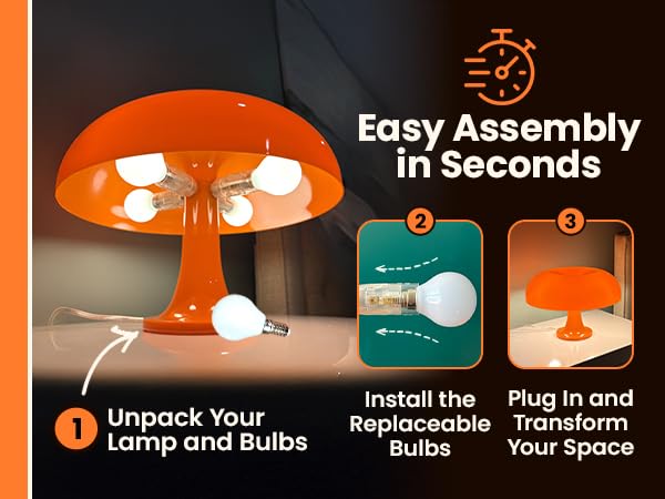 Orange Mushroom Lamp with 4 Replacable Bulbs