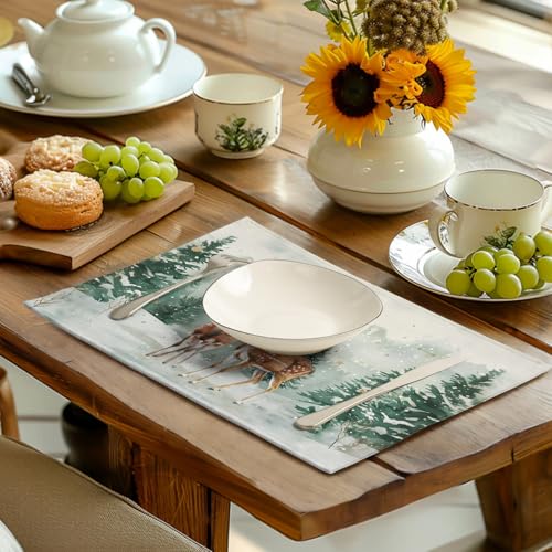 Christmas Watercolor Deer Trees Snowflakes Placemats Set of 4 Winter Rustic Nature Forest Linen Table Mat 12x18 Inch Seasonal Farmhouse Washable Place Mats for Dining Table Kitchen Xmas Decor (4 Count)
