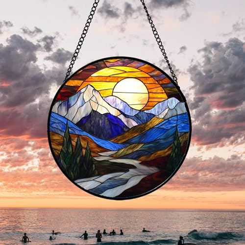 Blue Mountains Stained Glass Window Hanging Suncatcher Gift for Women 15"