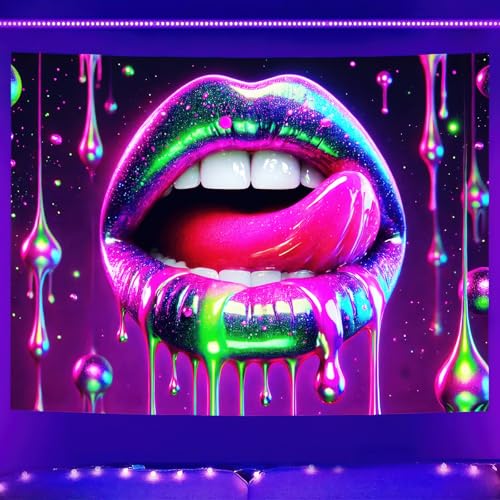 Blacklight Tapestry Lips Glitter Neon Decor 71 x 74 Inch