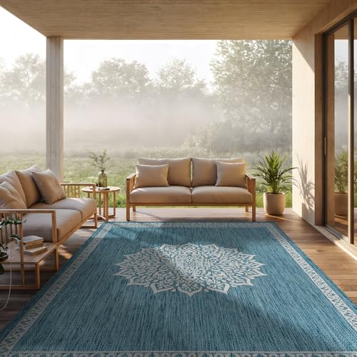 Outdoor Rug 8x10 Medallion Aqua Modern Area Rugs for Indoor and Outdoor Patios Kitchen and Hallway Mats Washable Porch Deck Outside Carpet (80 Sq Ft)
