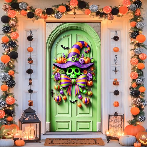 Halloween Door Cover Skull Witch Bow 35x71 Inch Polyester