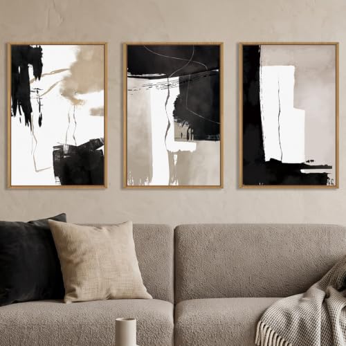 Abstract Black White Brown Framed Canvas Wall Art Set