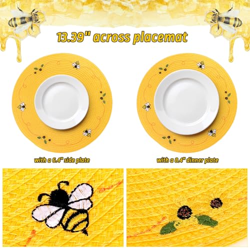 4Pcs Bee Sunflower Embroidered Placemats Round Place Mats Bee Floral Dinner Table Mats for Home Spring Summer Holiday Birthday Baby Shower Party Decor (4 Count)