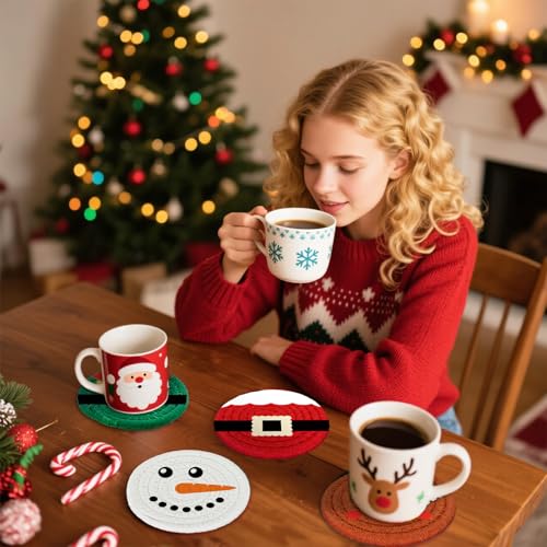 Christmas Cartoon Cotton Coasters Funny Santa Gingerbread Snowman Handmade Braided Drink Coasters Absorbent Cup Mats for Xmas Holiday Party Home Table Decor (4 Count)