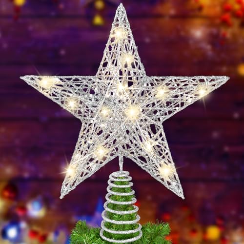 11.8’’ Silvery Christmas Tree Topper Star Treetop with 20 LED