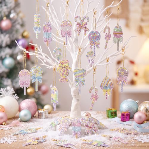 20 Pcs Christmas Macaron Candy Diamond Painting Keychain Kits 5d DIY Diamond Art Pendants Double Sided Hanging Key Chains for Christmas Party Decoration DIY (20 Count)