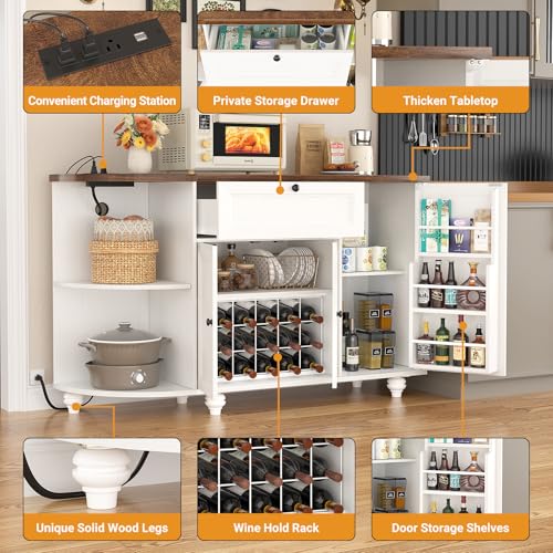 55" White Farmhouse Coffee Bar Cabinet with Charging Station