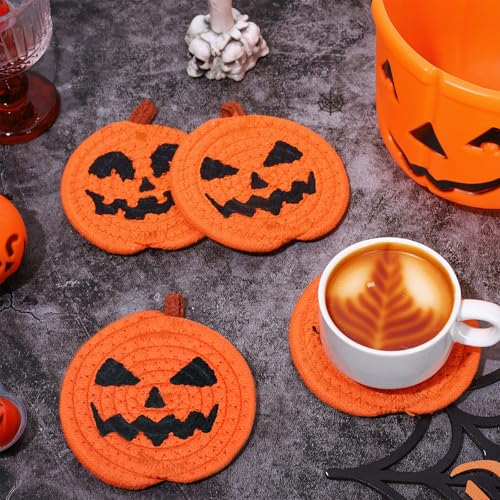 4Pcs Halloween Pumpkin Handmade Braided Cotton Coasters Orange Black Pumpkin Shape Drink Coasters Absorbent Cup Mat for Home Office Party Decor (4 Count)