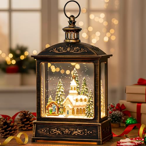 Christmas Snow Globe Lantern Water Glittering Churche & Manger Scene with Music & Timer