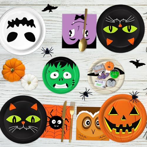 105PCS Halloween Paper Plates Ghosts Pumpkin Skull Spider Web Design for Halloween Party Decorations Supplies (105 Count)